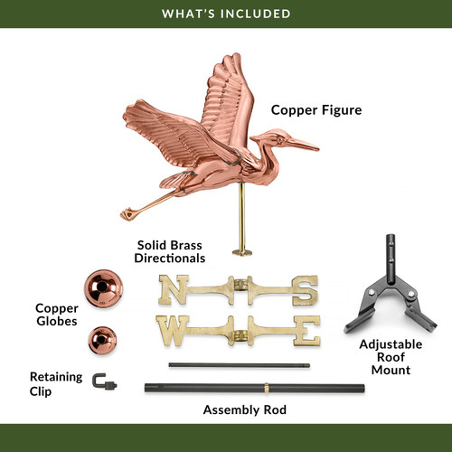 Good Directions Blue Heron Weathervane, Roof Mount Weather Vane, Pure Copper, Durable Garden & Coastal Decor
