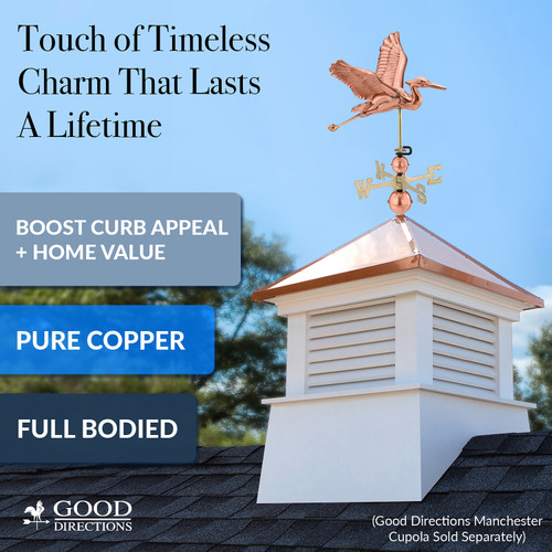 Good Directions Blue Heron Weathervane, Roof Mount Weather Vane, Pure Copper, Durable Garden & Coastal Decor