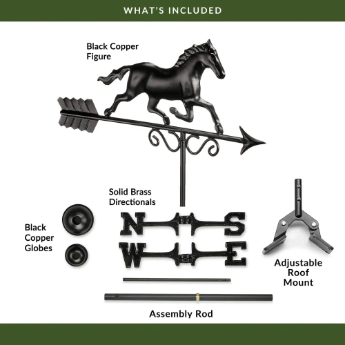 Galloping Horse Weathervane with Roof Mount - Pure Copper with Matte Black Finish by Good Directions