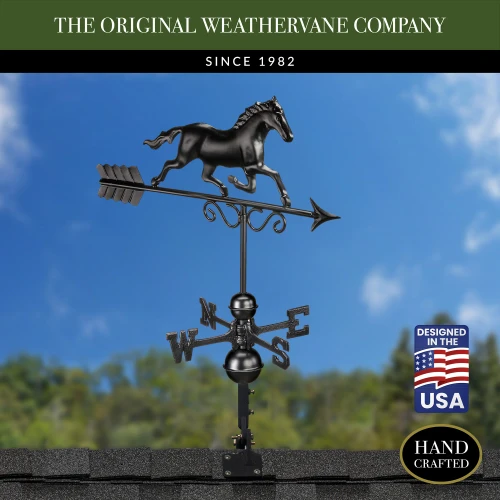 Galloping Horse Weathervane with Roof Mount - Pure Copper with Matte Black Finish by Good Directions