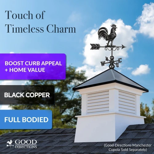 Bantam Rooster Weathervane with Roof Mount - Pure Copper with Matte Black Finish by Good Directions