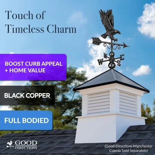 Majestic Eagle Weathervane with Roof Mount - Pure Copper with Matte Black Finish by Good Directions