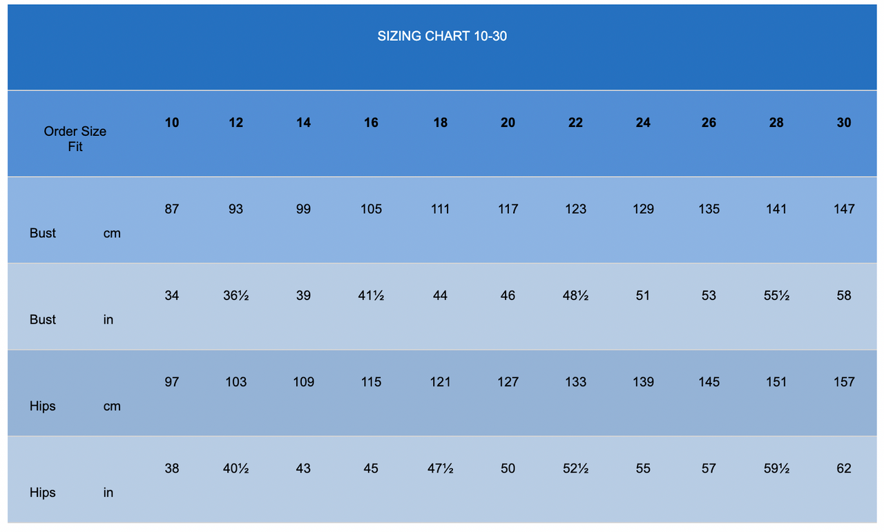 Long Island clothing sizing chart 10-30