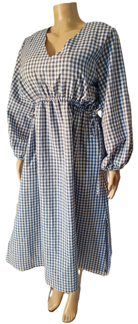 Jayne summer dress, size L, blue textured gingham, v neck, *1 only 50% off*