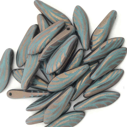 1-Hole Czech Glass Dagger Beads,  Laser Wing Dark Turquoise/Gold (5x16mm) (Qty: 25)