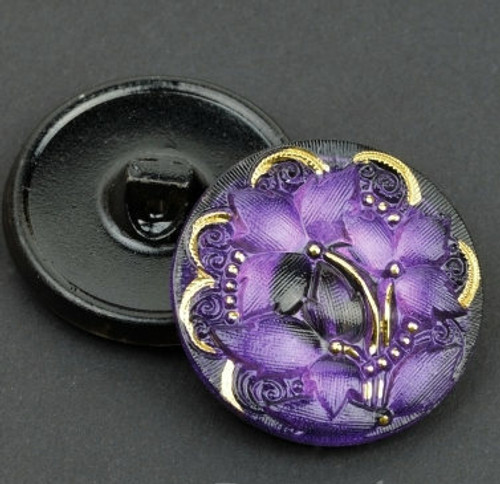 27mm Round Lacy 3 Flowers  Button, Purple, Jet with Gold Paint (Qty: 1)