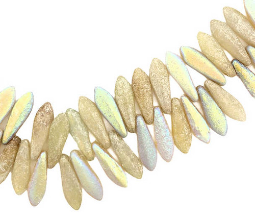 1-Hole Czech Glass Dagger Beads, Yellow Ivory w/ Mercury, AB & Etched Finishes (Qty: 25)