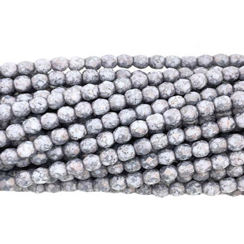 4mm Fire Polish, White/Grey Speckled Luster (Qty: 50)