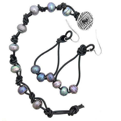 Tied in Knots Bracelet & Earrings Kit, Black/Grey (Leather & Pearls) Tied in Knots Bracelet & Earrings Kit, Black/Grey (Leather & Pearls)