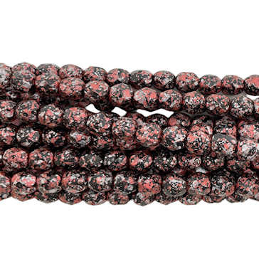6mm Fire Polish, Red Metallic Silver & Black Speckled (Qty: 25)