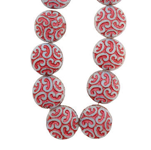 Arabesque Coin Beads, Metallic Red with Grey (14mm) (Qty: 15)