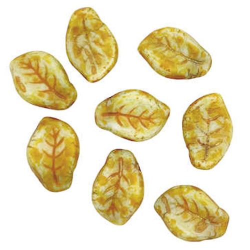 Czech Glass Leaf Beads, Cream/Light Olive with Amber, 10 x 15 mm (Qty: 20)