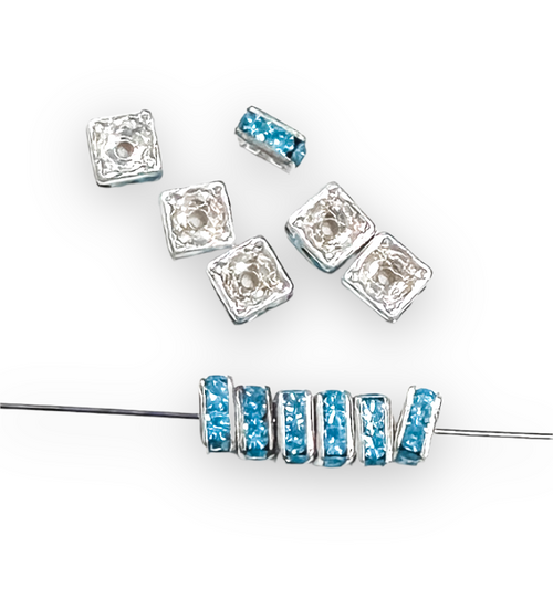 4mm Czech Crystal Squaredelle Spacers, Aqua/Silver (Qty: 12)