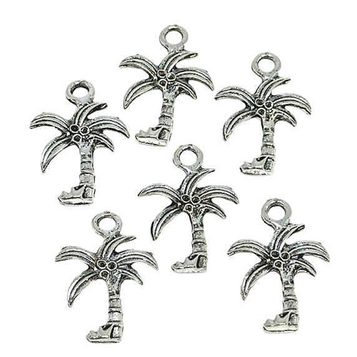 Palm Tree Charms, Silver-Plated Pewter, 16 x 22mm (Qty: 6)