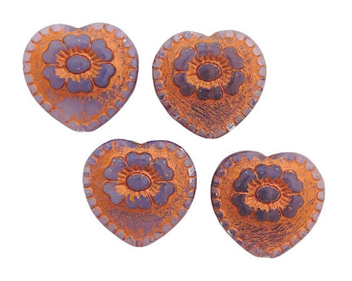 Heart with Flower Bead, Grey w/ Orange-Gold  Wash, 18x17mm  (Qty: 4)*