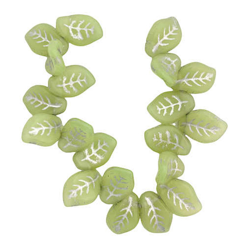 Pressed Glass Leaves,  Light Green w/ Silver (10x15mm) (Qty: 20)