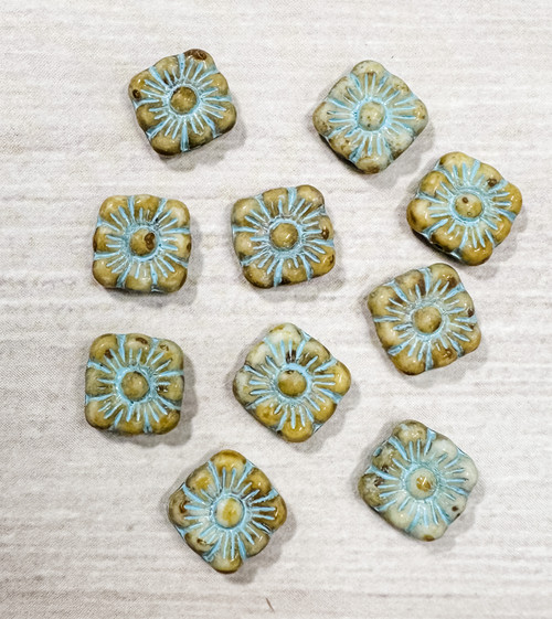 11mm Square Flower Beads, Alabaster Picasso Turquoise (Qty: 10)