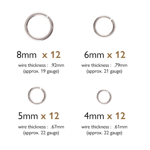 Assorted 4, 5, 6 & 8mm Silver-Plated Open Jump Rings (Qty: 12 ea.) (22 gauge)