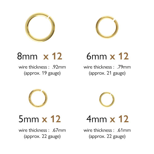 Assorted 4, 5, 6 & 8mm Gold-Plated Open Jump Rings (Qty: 12 ea.) (22 gauge)