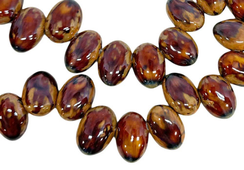 Ceramic Top-Drilled Oval Beads, Cocoa w/Brown, Terra Cotta, and Green Frit, 22.5x16mm (Qty: 12)