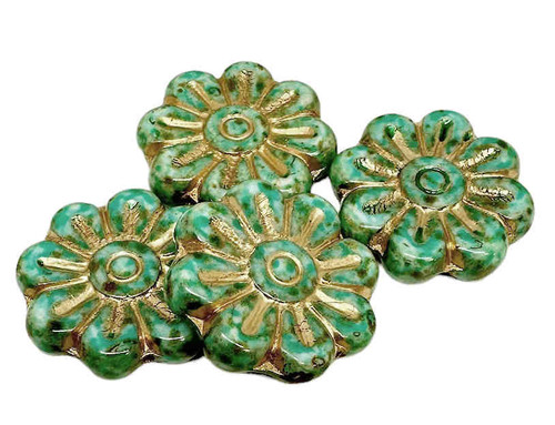 Gerber Daisy Flowers, 18mm, Opaque Green Turquoise w/Gold Wash (Qty: 4)