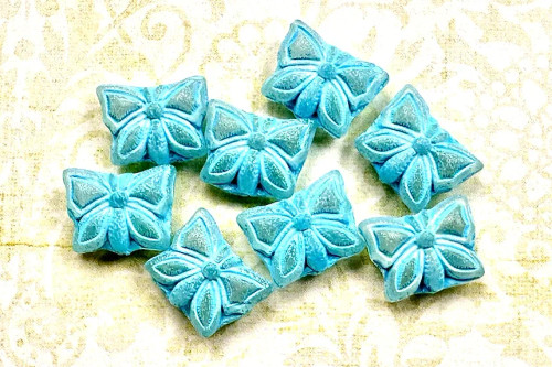 Czech Glass Butterfly Beads, Matte Aqua w/Blue Wash, 15x12mm (Qty: 8)