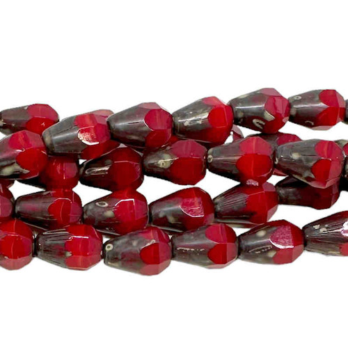 Czech Glass Center-Drilled Faceted Teardrop Beads, Opaque Dark Red w/Travertine, 8x6mm (Qty: 18)