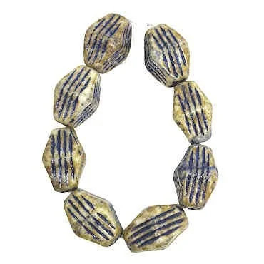 Vintage Czech Glass Beads, 18x12, Ivory Travertine w/Dark Blue (Qty: 8 beads)
