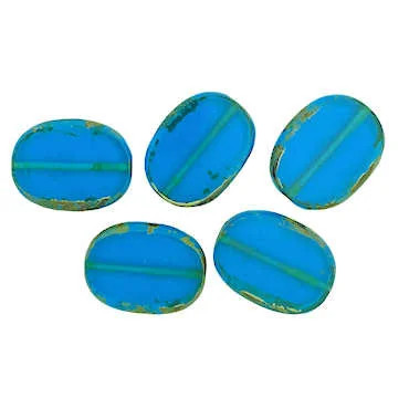 Table-Cut Oval Beads, Transparent Deep Aqua w/ Travertine, 15 x 19mm (Qty: 6)