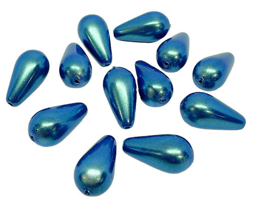 Czech Glass Pearl Teardrop/Pear Beads, 15x8mm, Iridescent Tahitian Blue (Qty: 12)