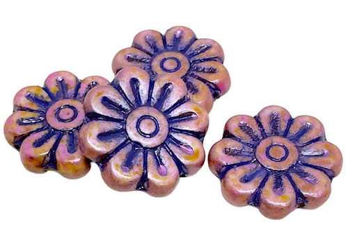 Gerber Daisy Flowers, 18mm, Opaque Pink Spotted w/Dark Blue Wash (Qty: 4)