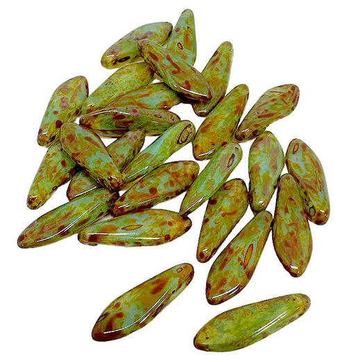5x16mm Czech Glass Daggers, Transparent Green Turquoise w/Travertine (Qty: 25)