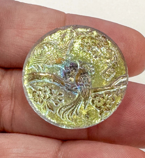 Vintage Czech Glass Button, Two Birds in Tree, Crystal Full AB, 27mm (Qty: 1) Metal Shank