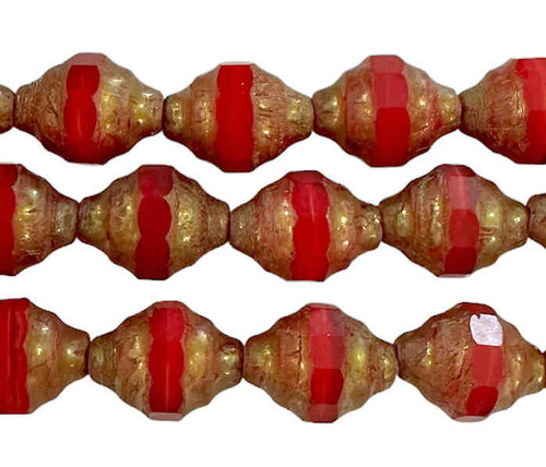 Czech Glass Turbine Beads, Opaque Red w/Gold/Bronze Wash, 11x8mm (Qty: 13)