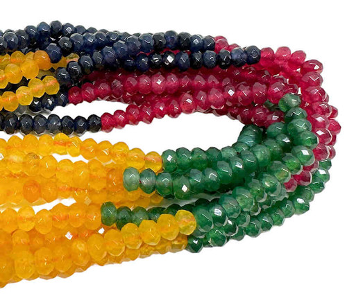 Dyed Jade Color-Blocked Faceted Rondelles, Red/Yellow/Black/Green, ~4x3mm (17.75" strand)