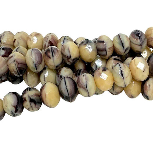 Czech Glass Faceted Rondelles, Cream/Dark Amethyst Swirl, 6x8mm (25 beads)