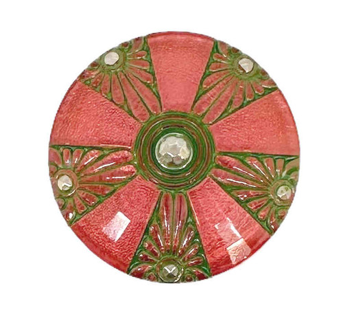 36mm Vintage Czech Glass Button, Deco Flower Crest Glowing Crimson Rose backlight w/Olive Wash & Gunmetal Accents