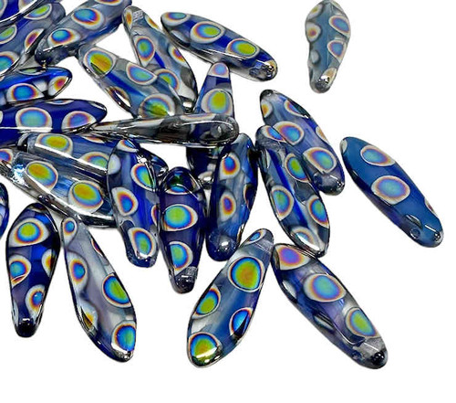 Dagger Beads, One-Hole, Givre' Cobalt/Crystal w/Full Sliperit Laser-Etched Pattern, 5x16mm (Qty: 25)