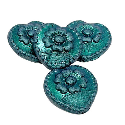 Heart Bead w/Rose, Satin Metallic Turquoise (Qty: 4)