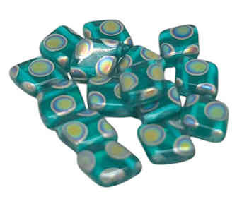 Slanted Two-Hole Tile Beads, Laser-Etched Sliperit Dots on Emerald (Qty: 25)