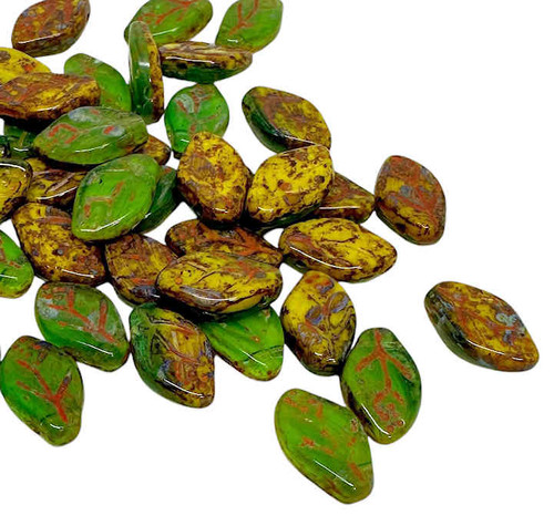 Cherry Leave Beads, 2-Tone Peridot & Yellow w/Travertine (40 Pcs)