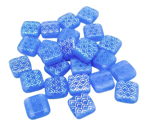 Laser-Etched Two-Hole Tile Beads, Matte Blue Opal w/AB Diamonds, 6mm (Qty: 25) Custom Made for Us!