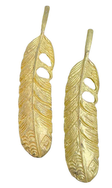 Matte Gold-Plated Pewter Feather Charms, 54x12mm (2 Pcs)