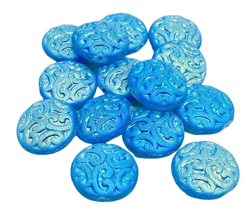 14mm Arabesque Carved Coin Beads, Matte Dark Aqua 2ABX (15 Pcs)