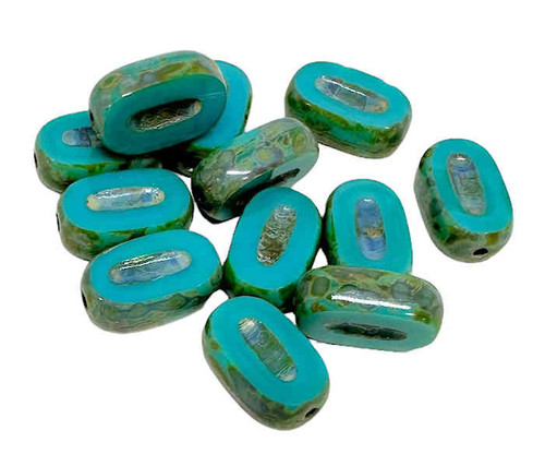 6x10mm Tablecut Oval, Opaque Turquoise Picasso (12 Pcs)