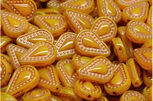 Czech Glass Filigree Tear Drop Beads, Milky Orange w/Copper Wash, 14x10mm (Qty: 10)