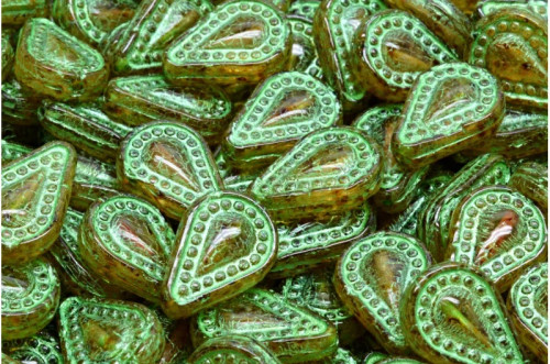 Czech Glass Filigree Tear Drop Beads, Crystal Travertine w/Green Wash, 14x10mm (Qty: 10)