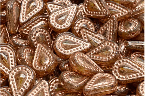 Czech Glass Filigree Tear Drop Beads, Crystal Travertine w/Copper Wash, 14x10mm (Qty: 10)
