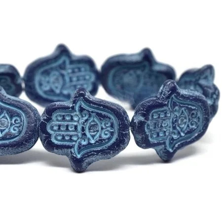New Design! Czech Glass Hamsa Hand Beads, Matte Sapphire w/Turquoise Wash (Qty: 4)