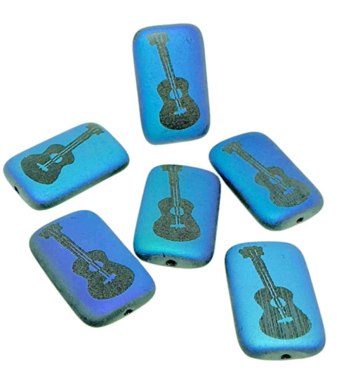 Guitar Laser-Etched Beads, Matte Jet w/AB, 18x12mm (Qty: 6)